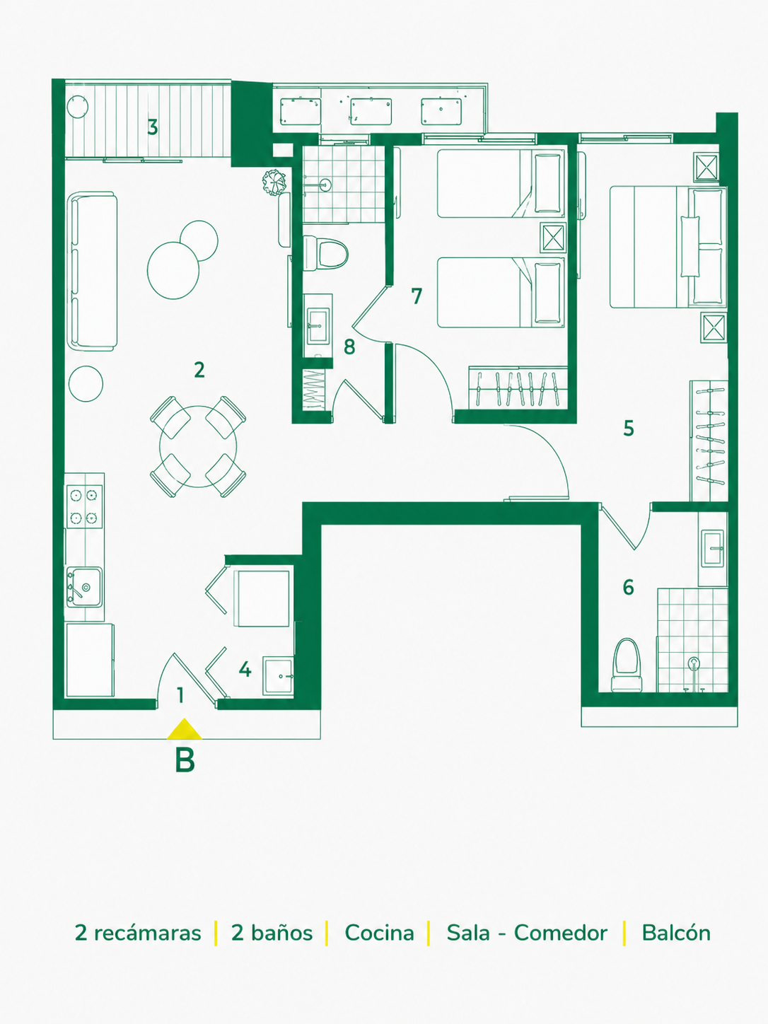 Plano de planta oficial del modelo B, 60 metros cuadrados