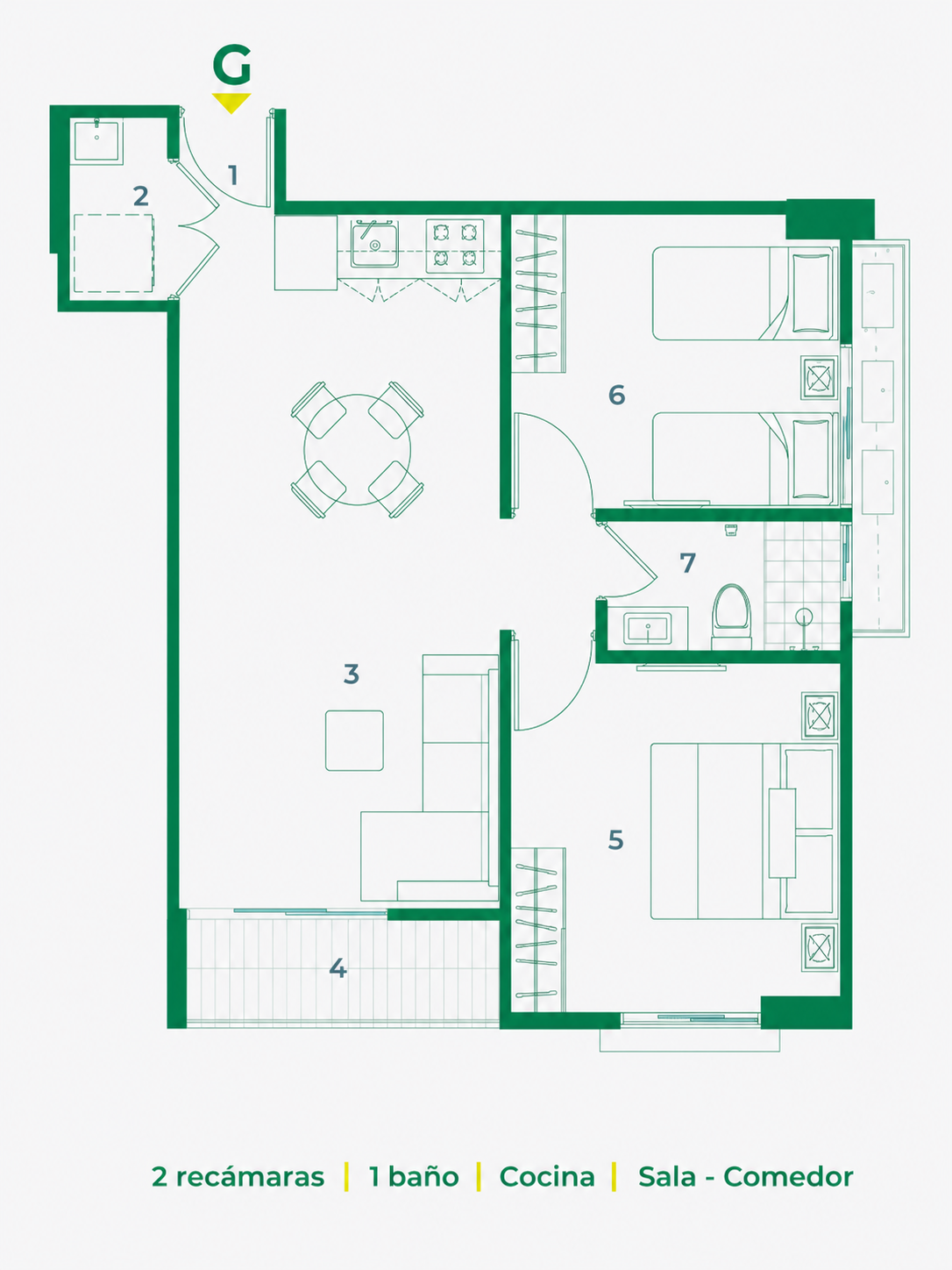 Plano de planta oficial del modelo G, 63 metros cuadrados