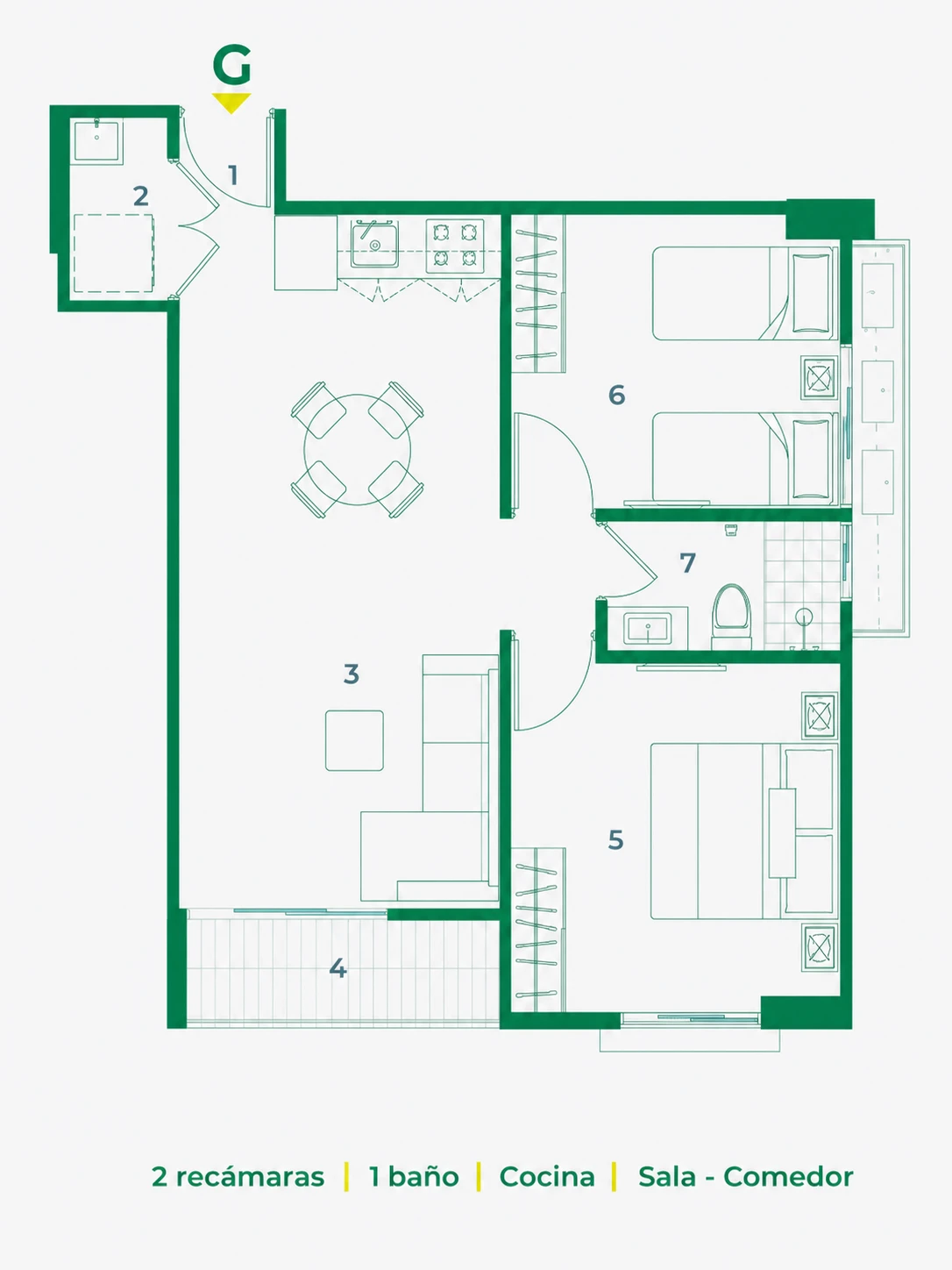 Plano de planta oficial del modelo G, 63 metros cuadrados