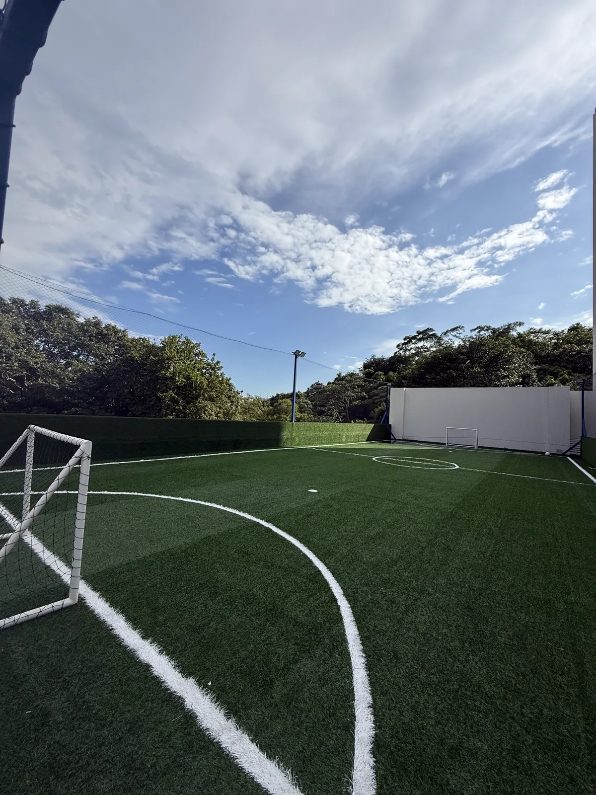 Cancha de fútbol 5 con grama sintética, rodeada de bosque