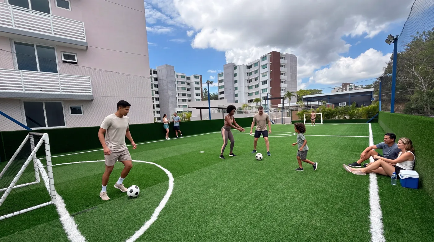 Familias jugando en la cancha de fútbol 5 del club deportivo