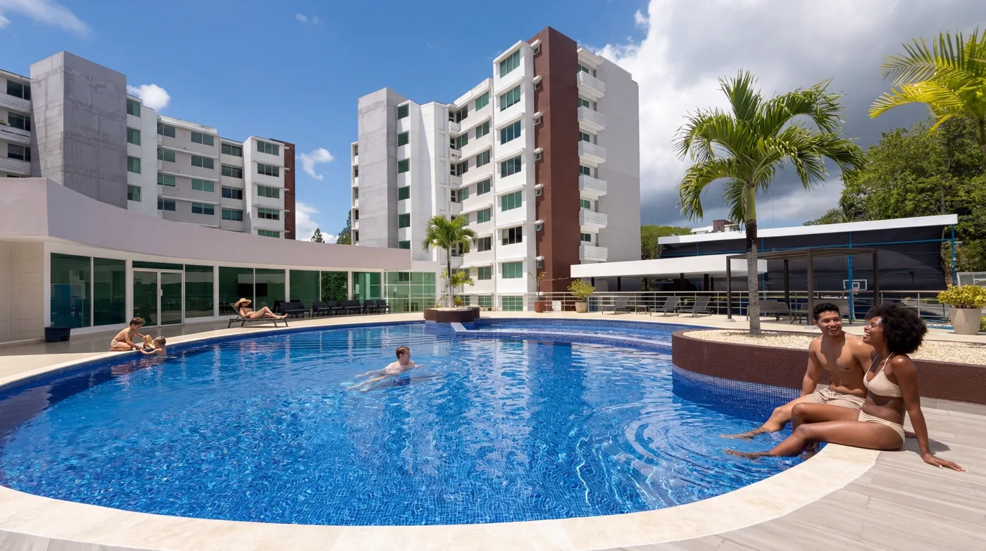 Piscina del club con residentes disfrutando y las torres al fondo