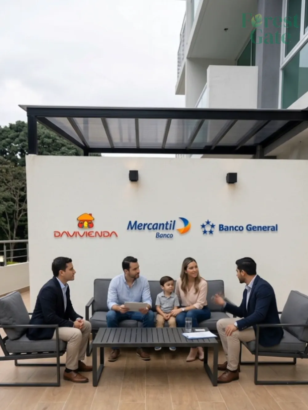 Sala de asesoría de Forest Gate con los logos de los bancos aliados