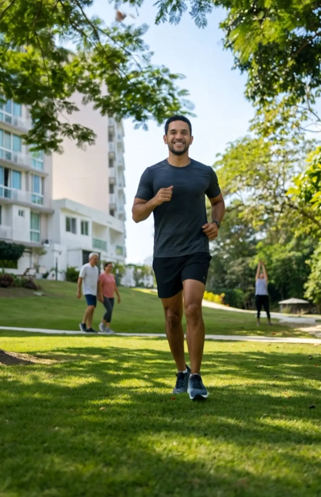 Residente corriendo por el parque del proyecto, rodeado de árboles y vecinos ejercitándose